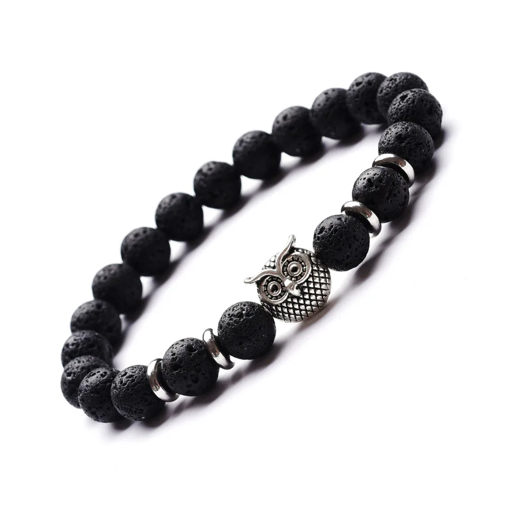 Mens LavaRock Bead Bracelets Set Silver Owl Lion Leopard Spiderman Alloy for women men  Natural Stone Bracelet, 8MM