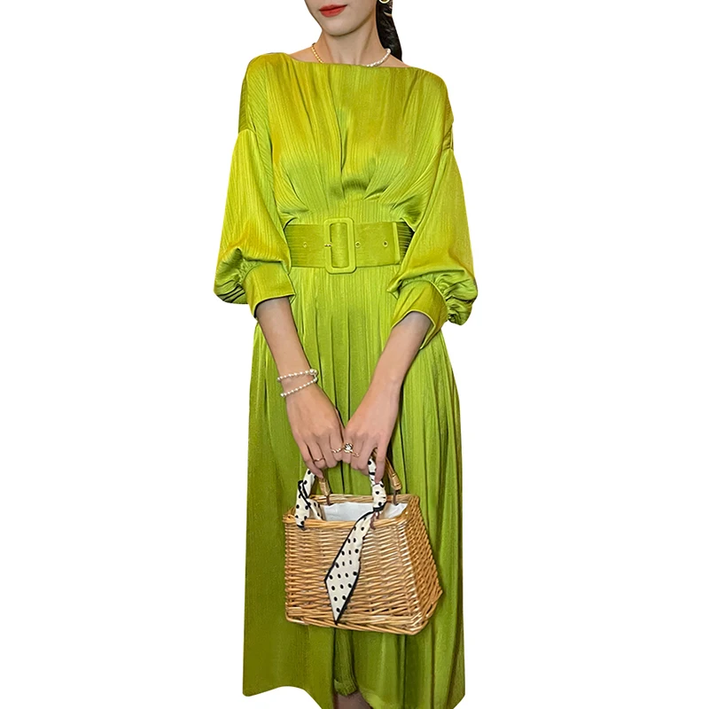 TWOTWINSTYLE Elegant Dress for Women Sashes Lace up Midi Dresses Female 2022 Fashion Clothing New Summer Casual Dresses Woven