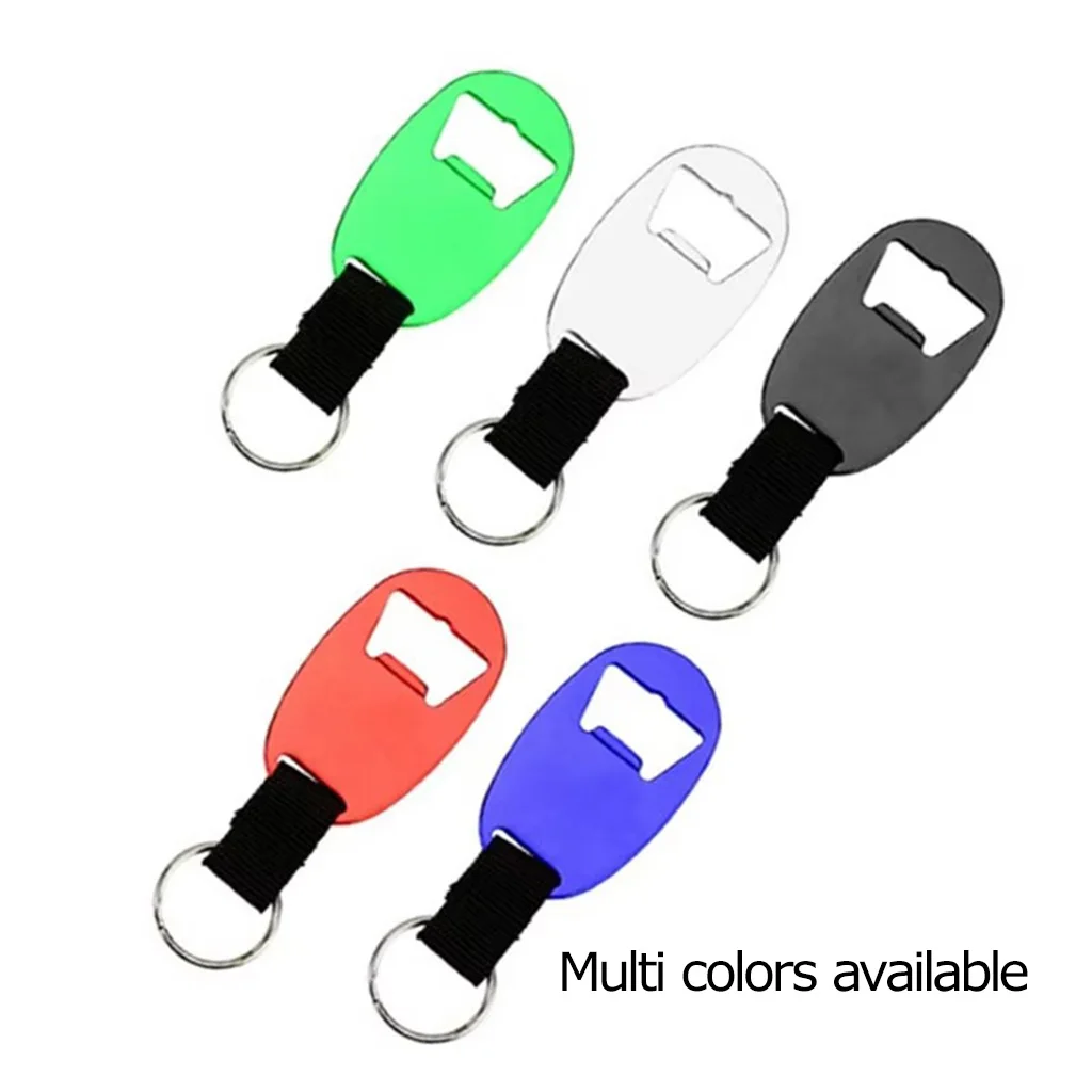 Hot promotional cheap manual metal blank aluminum alloy woven ribbon strap oval custom beer can wine bottle opener with keychain