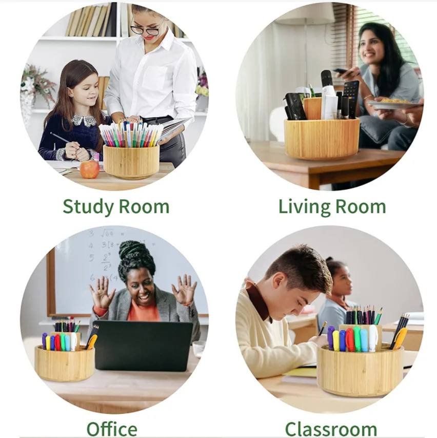 Rotation Desktop Pencil Holder Storage  Bamboo Rotating Organizer