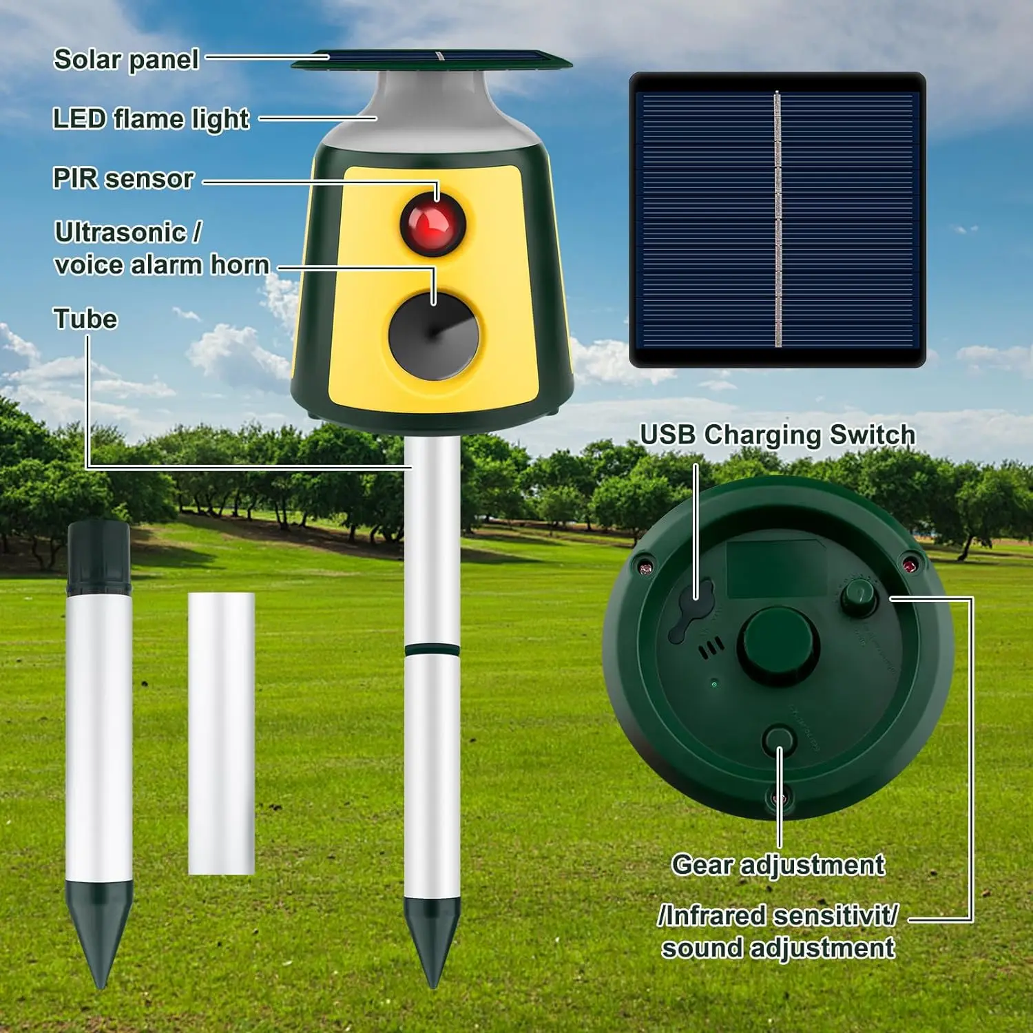 New Design Solar Animal Control Device with Flame Light for Garden Farm Coyote Raccoon dog cat Monkey bird Deterrent Flash Light