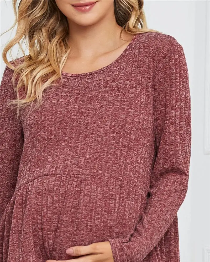 
M046 Long Sleeve Ruffle Hem Top and Sweatpants Loungewear Pajama Maternity Pant Set 