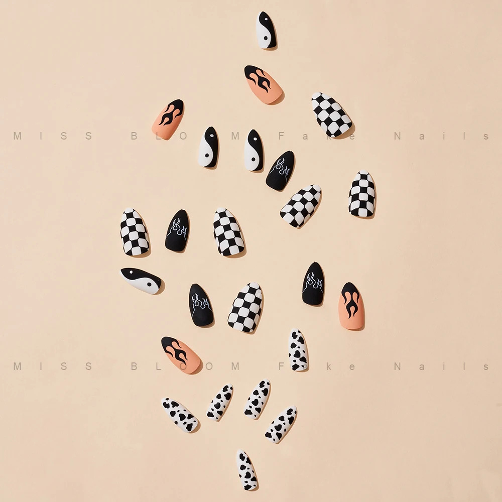 Missbloom Fashion Matte Black Almond Fake Nails Full Cover Fire Cow Grid Almond Shape Press On Nails