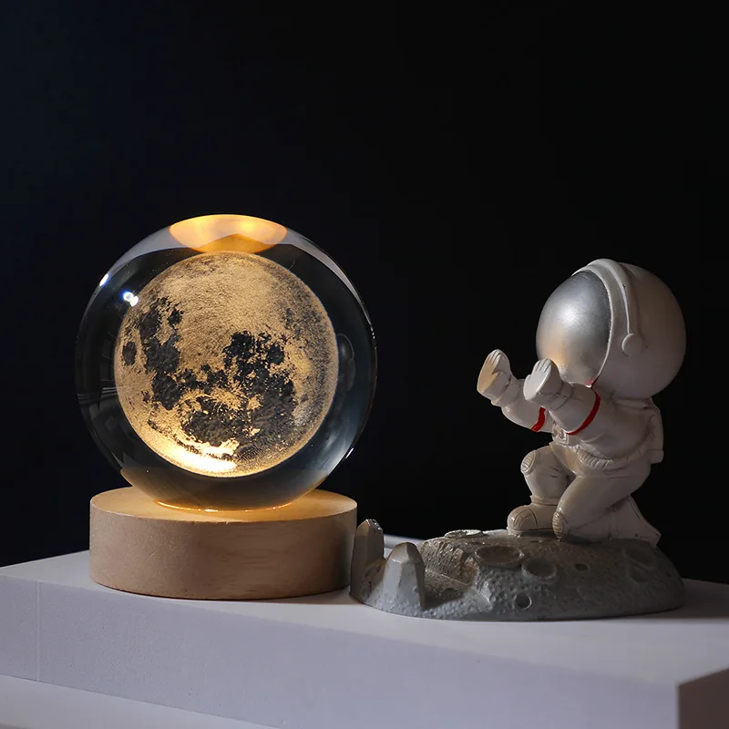 MH-Q0142 3D Laser Engraved K9 Crystal Ball 6cm 8cm LED Light-Up Milky Way Glass Crystal Ball with Wood Base for Souvenir gifts