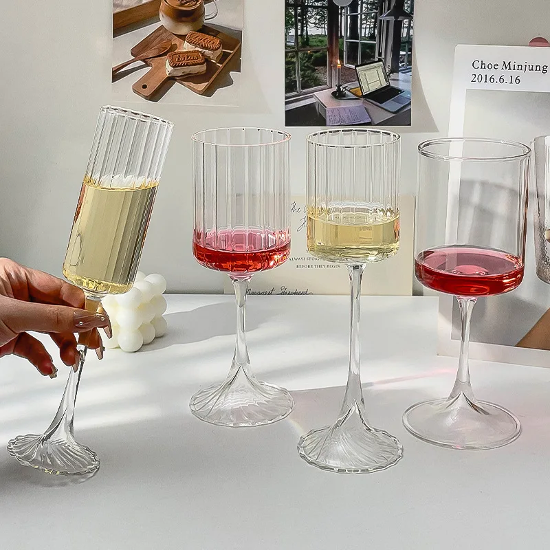 Creative vertical stripes borosilicate red wine glass whiskey cocktail glass long stem champagne flute glass