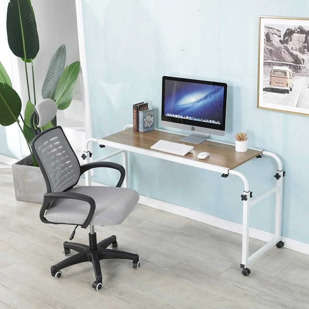 Portable Workstation Desk Lazy Overbed Laptop Computer Table with Wheels Office Wooden Metal Construction Fits King Queen Bed