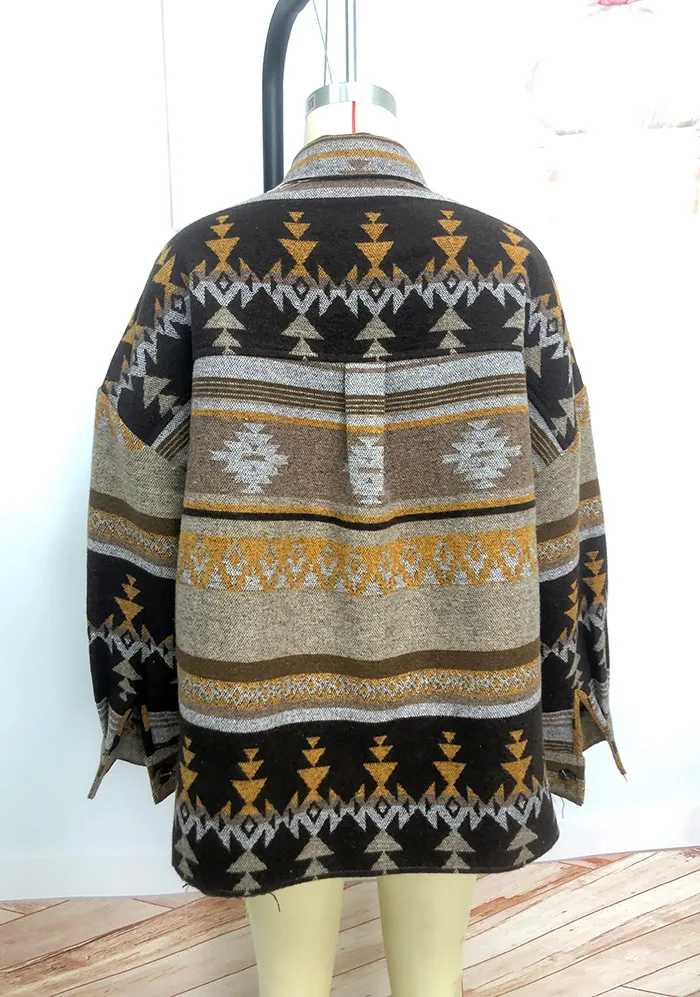 Vintage Geometric Printing Patterns Demin Jacket Woman Color Block Pockets Jeans Jacket Coat for Women 2021