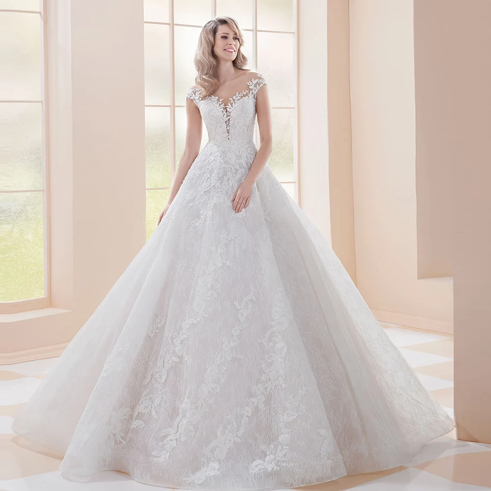 2021 Новое поступление аппликации кружево ТРАПЕЦИЕВИДНОЕ свадебное платье Vestidos De Boda; С круглым воротником и рукавами-крулышками принцессы на свадьбу платья