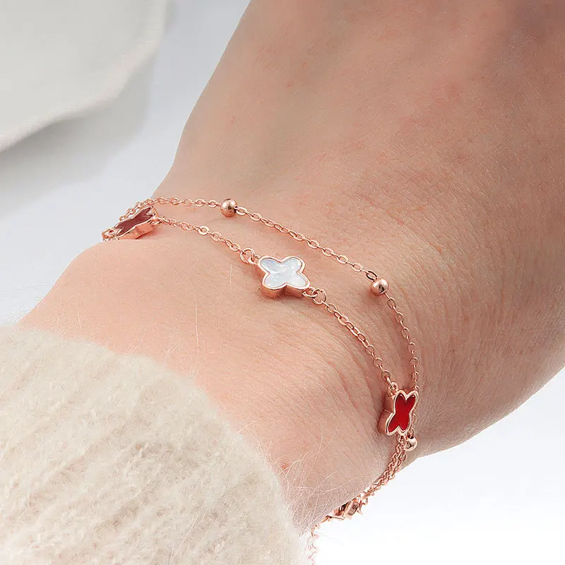 Custom 4 leaf clover pork belly S925 sterling silver Korean style agate double rose gold bracelet for girlfriends hand jewelry