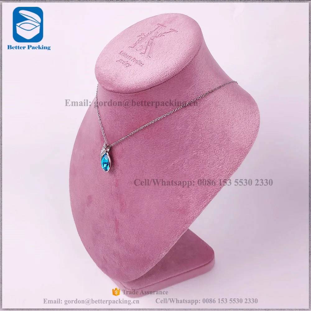 DT015N C Factory customized Blind Stamped LOGO Pink Velvet Jewelry display necklace bust Stand