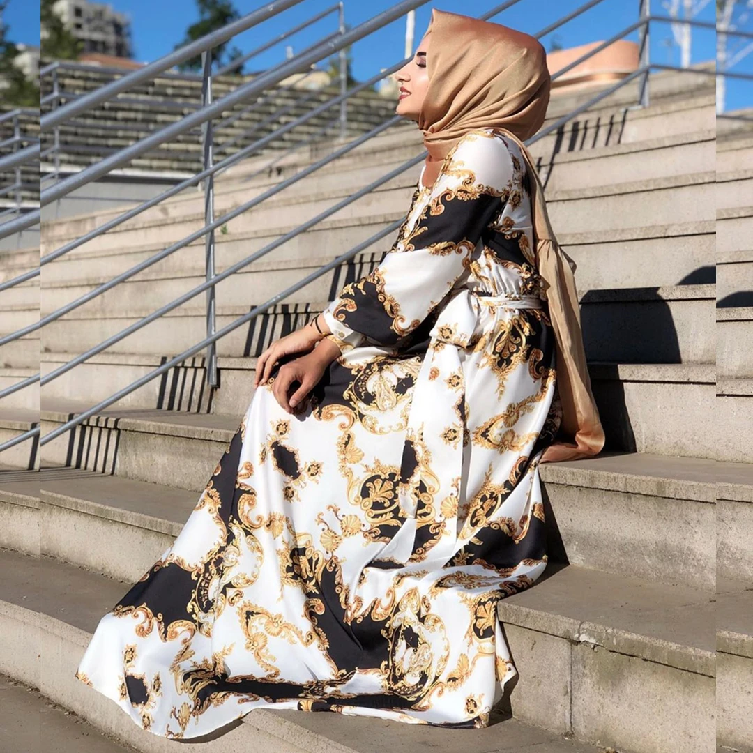 Summer Floral Printed Muslim Long Dress Latest Designs Dubai Party Islamic Clothing Muslim Dress abaya long dress women muslim