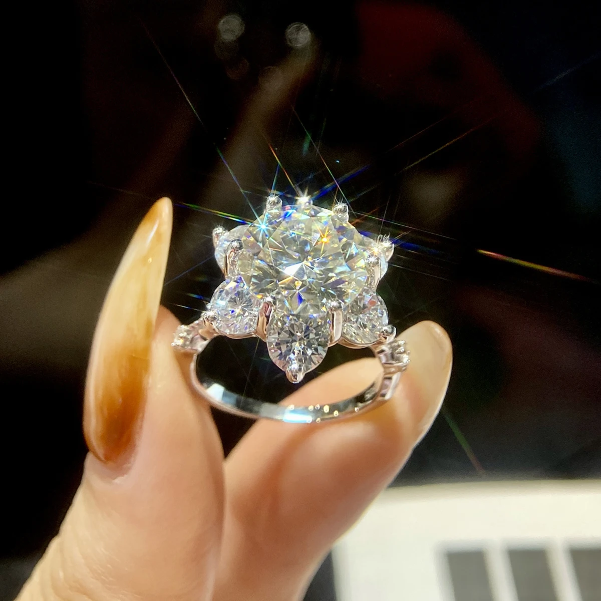 925 Sterling Silver Gra certified 5ct Carat large Moissanite Diamond VVS Sun Flower Ring Wedding luxury fine Jewelry for women