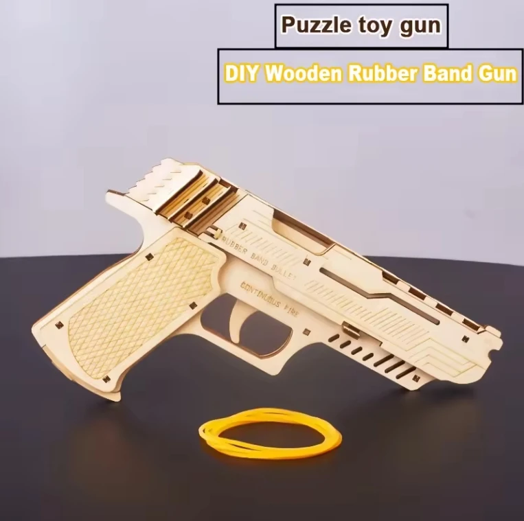 Kids Jigsaw Puzzle Games Wooden Pistol Rubber Band Gun 3D Wooden Puzzle Handgun Toys
