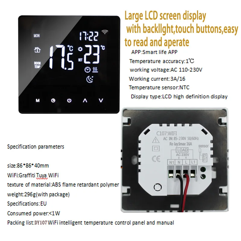 EU/UK 86mm Digital LCD Display Tuya App Control Wifi Smart Thermostat for Furnace IOT Domotica System