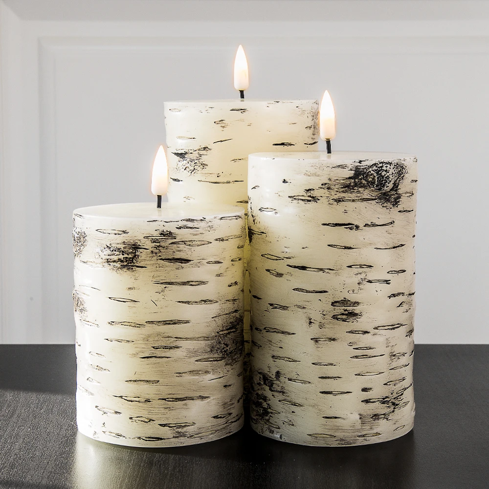 Birch bark set of 3 Flat mouth pillar  led candle for home decoration