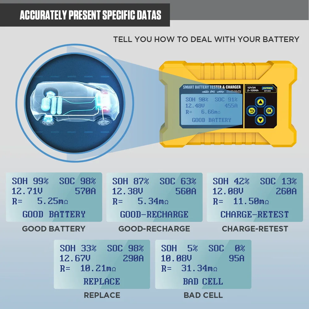 AUTOOL BT380 12V Car Battery Tester Pulse Repair 3A Battery Charger Power Bank Wet Dry AGM Gel Lead Acid Repair Tool PK KW510