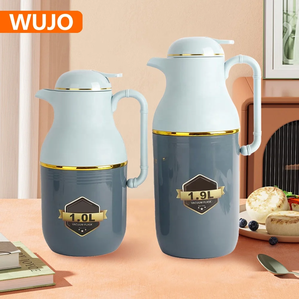 WUJO Custom Logo Pattern Design Plastic Glass Refill Dallah Arabic Vacuum Flask Insulated Water Jug Coffee Pot