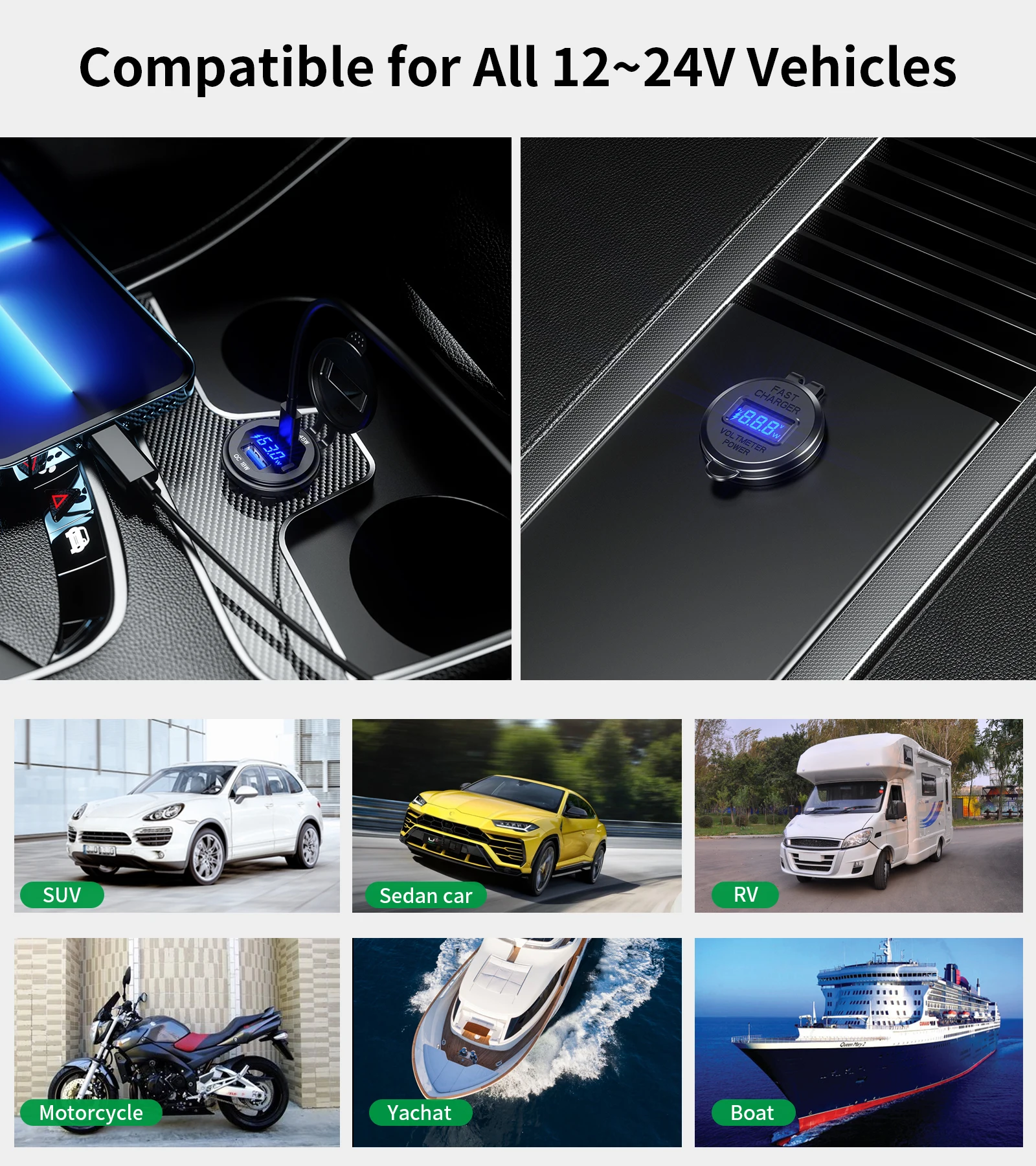 PD Type C USB Car Charger Socket and QC 3.0 Quick Charger 12V/24V Car Power Outlet Socket with ON/Off Switch