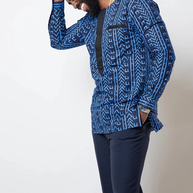 African Print Traditional Shirt Blue Navy Printed Men Top 100% Cotton Wax Shirt For New Season