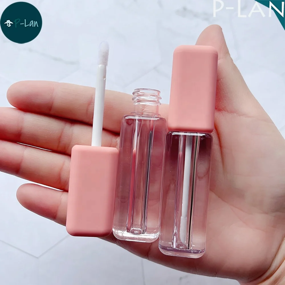 P-LAN Stock Ready Item Soft Touch Pink Grey Cap 2.5ML Empty Ligloss Bottle Square Mini Lip Gloss Tube Container With Doe Foot