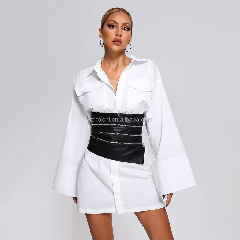 BEISHI Long Sleeve White Loose Casual Office Women Blouse Shirt  Ladies Tops Shirt Dress With Pu Waistband