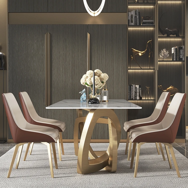Wedding Modern Marble Gold Dining Tables Set Metal Base Rectangle Sintered Stone Dining Table New Designs Dining Room Furniture