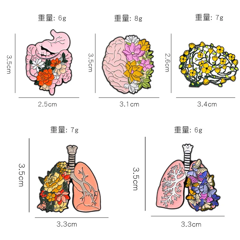Stock Wholesale Custom Organs Flower Enamel Pin Body Internal Heart Brain Lung Plant Punk Butterfly Medical Lapel Pin