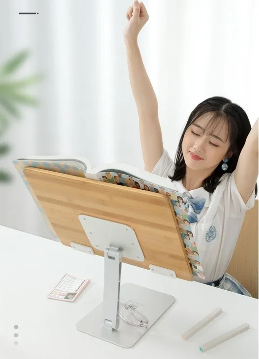 New Style Multifunctional Reading Writing Use Aluminum Alloy Bracket Bamboo Wooden Lifting Desktop Book Reading Stand Holder