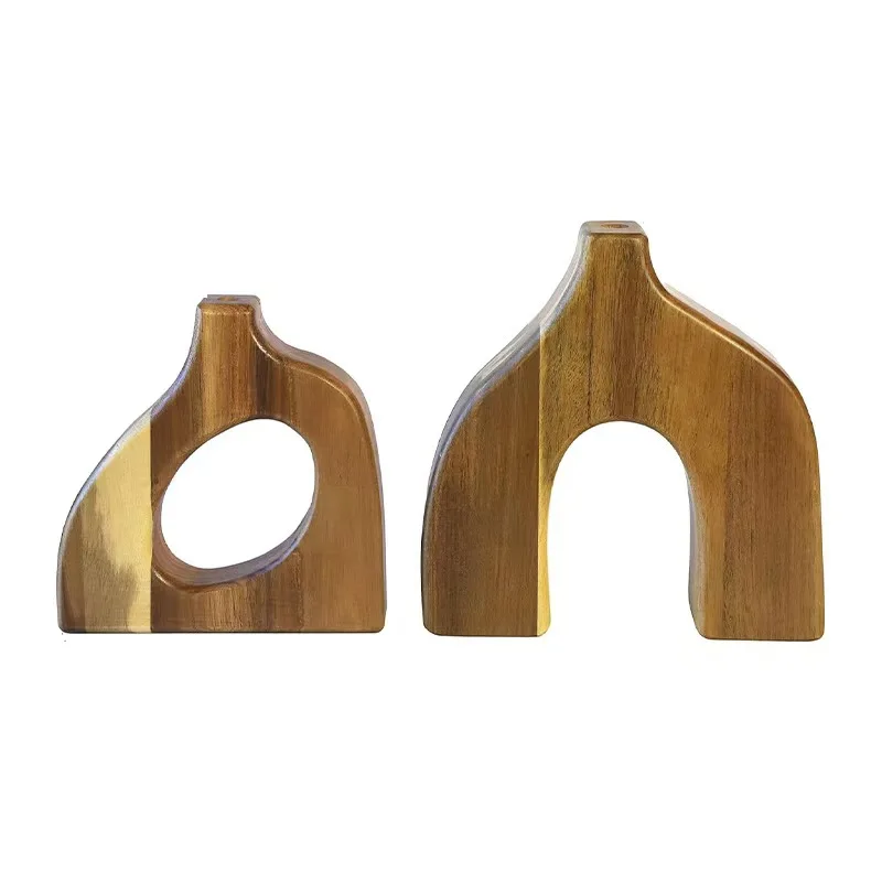 Modern Design Cute Faux Flowers & Plants Wooden Vase for Tabletop Short Decorative Wood Vase for Home Decor and Gift