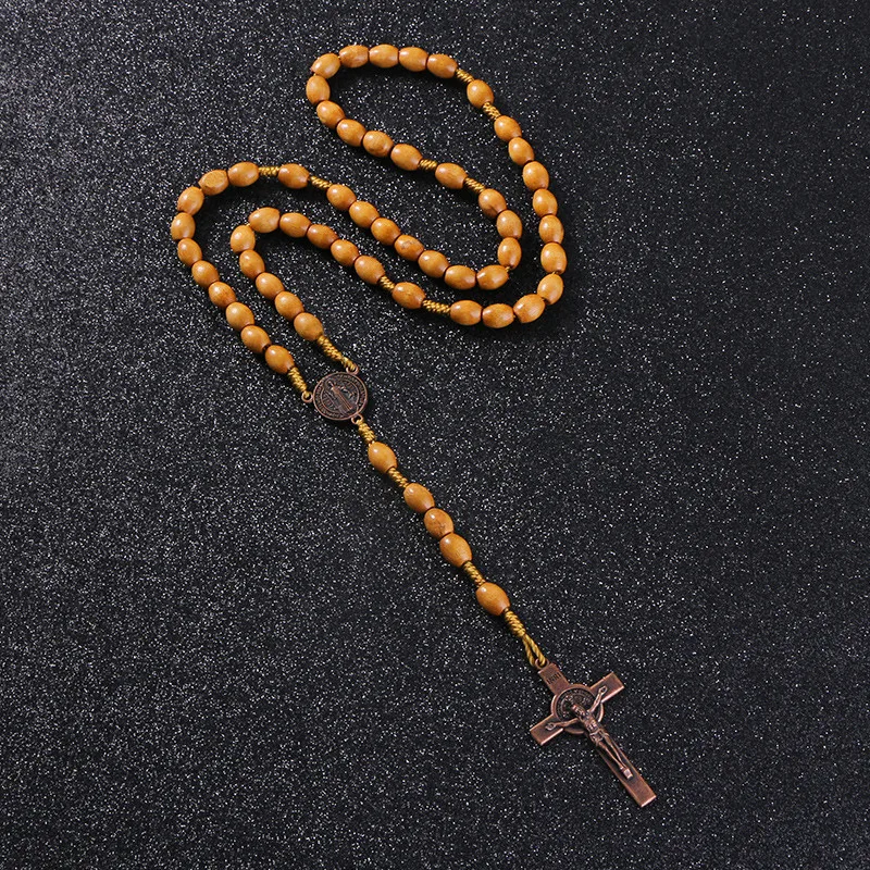 KOMi Handmade Weave Round Saint Benedict Medal Antique Wooden Rosary Cross Necklace Vintage Catholic Religious Jesus Jewelry Mot
