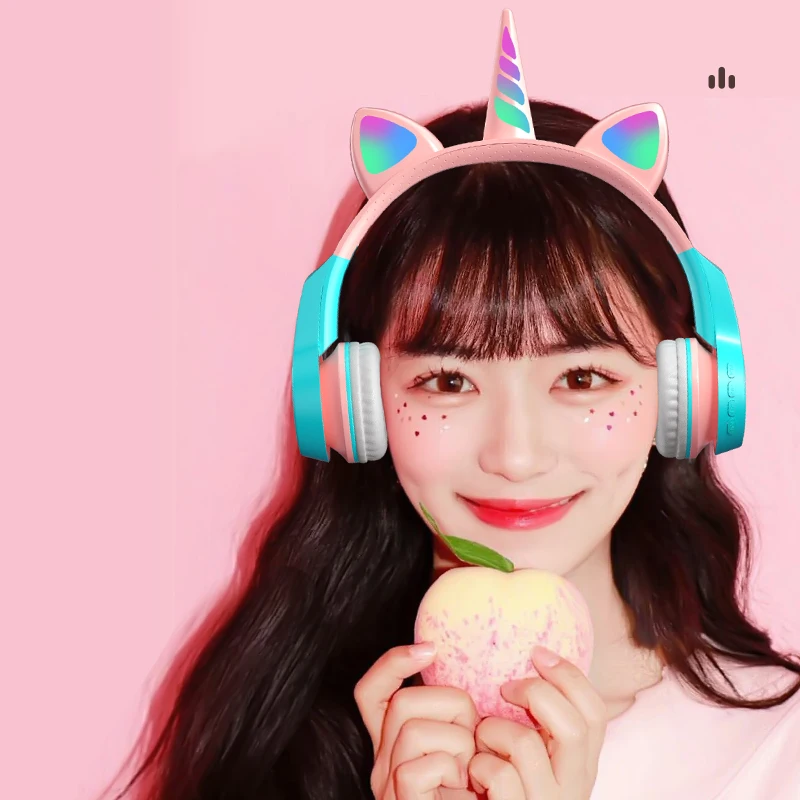 New Unicorn Wireless Kids Headset Cat Ears Cute Colorful Music Stereo Earphone Girl LED Light Headphones