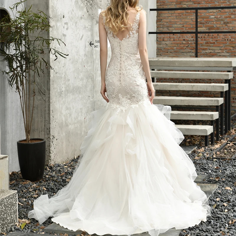 Красивое сексуальное кружевное свадебное платье на бретельках с V-образным вырезом в стиле русалки
