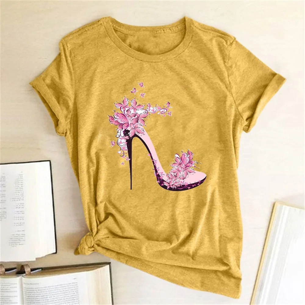 Ladies High Heel Cute Printed Tops Tee Casual Female T Shirts