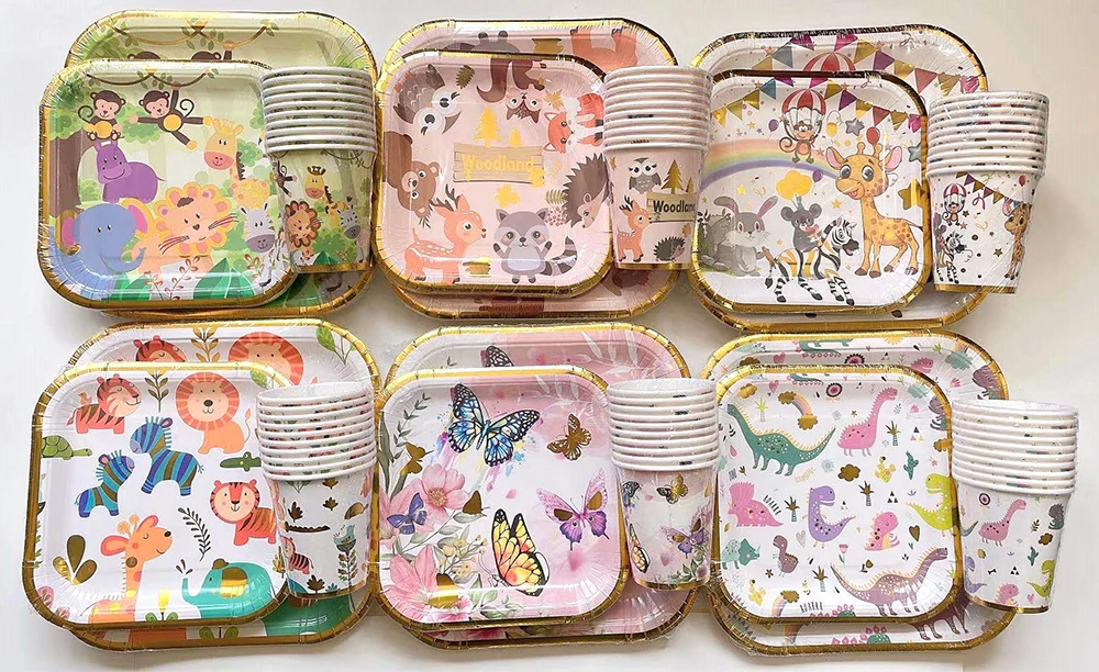 Custom Foil Disposable Party Tableware Set Paper Cups Plates Straws Napkin For Birthday Party Decorations Supplies