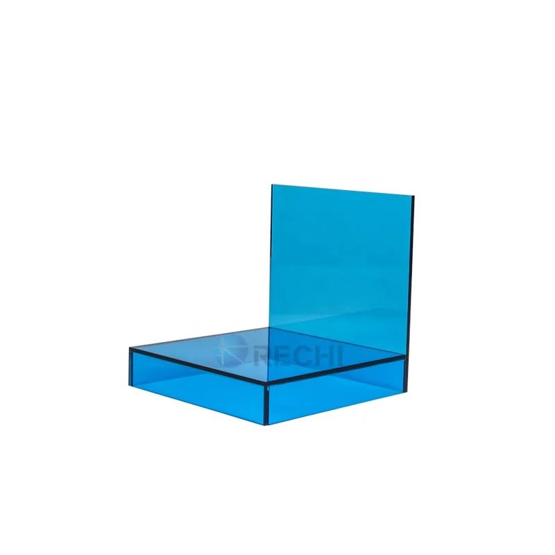RECHI Custom L Shape Translucent Blue Acrylic Cosmetic Makeup Retail POS Display Stand Rack For Skincare Fragrance Stand POSM