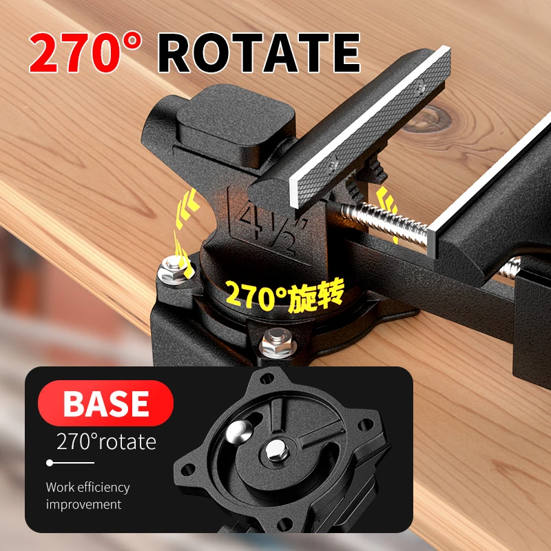 Multi-purpose cast iron bench vise with rotary base and adjustable anvil rotation