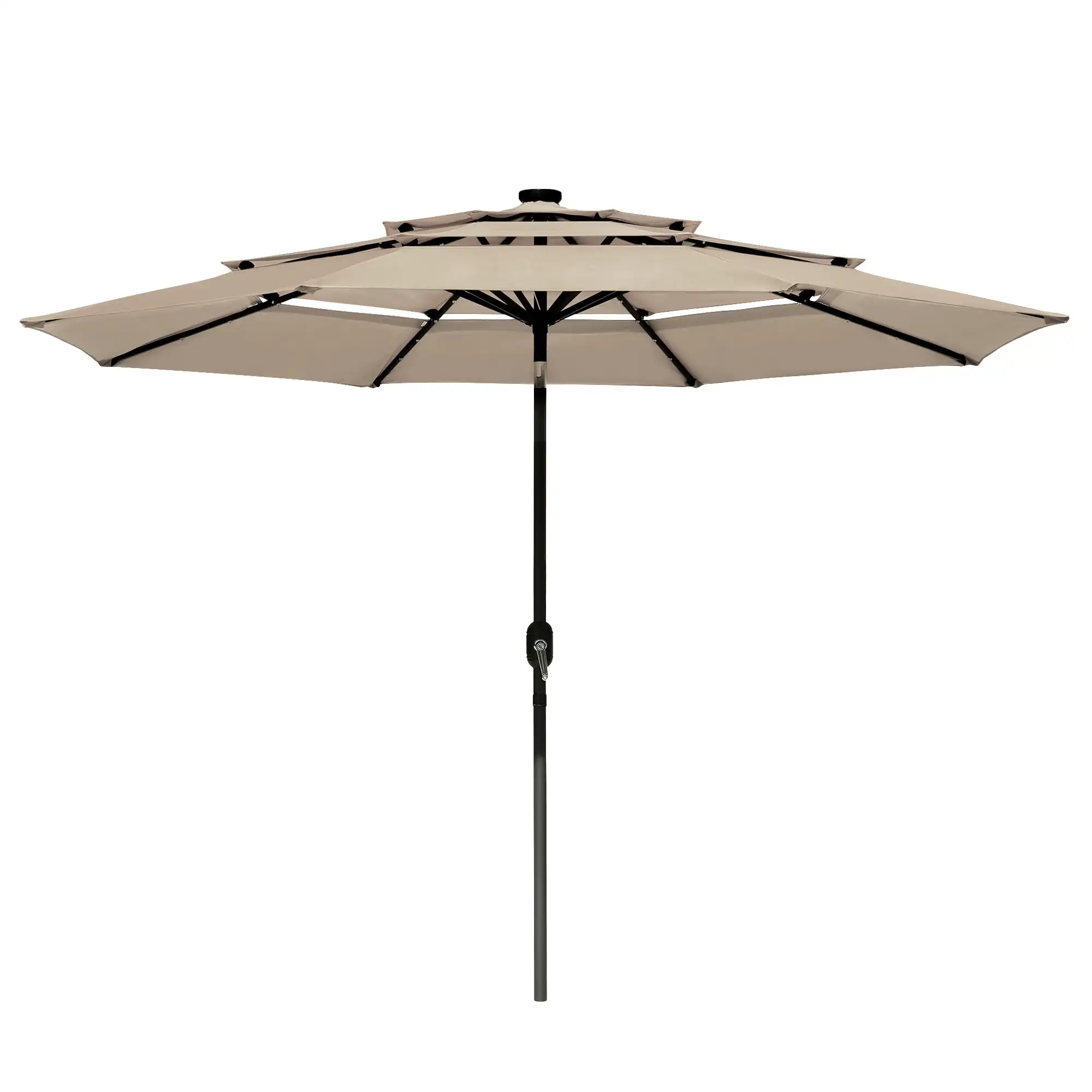 10 Ft 3 Tier Patio Umbrella with Solar Solar Panel LED Light Crank Tilt Button Outdoor commercial Market Garden Parasol for Yard