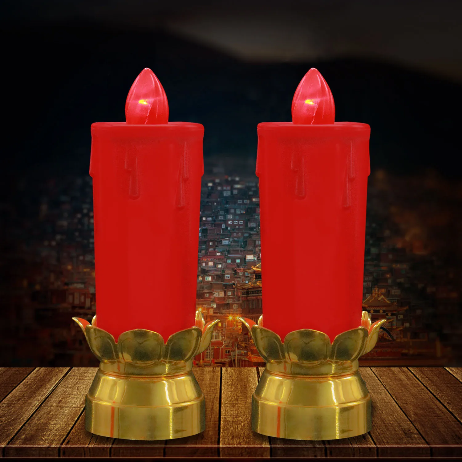 Grave Memorial Red Flickering LED Lotus Candle Holder Light Religious Batteries Flameless Cemetery with Base