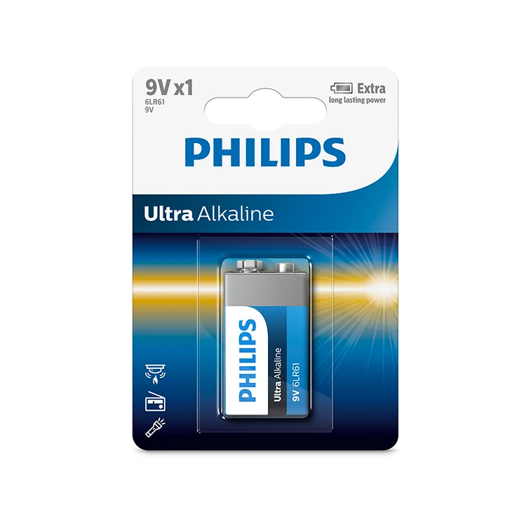 9V Philips Non-Rechargeable 6LR61 9V Extra Long Lasting Power Alkaline Battery