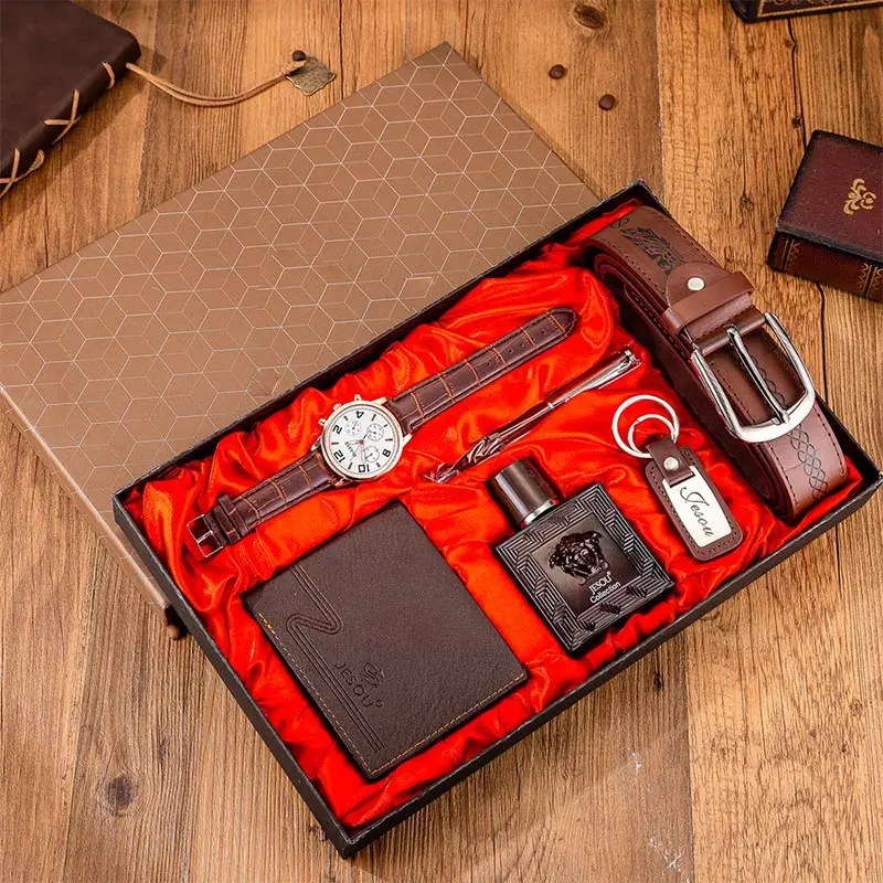 Boutique Gift Set Belt Watch for Men + Wallet + Perfume + Keychain + Large Dial Quartz Watch + Pen