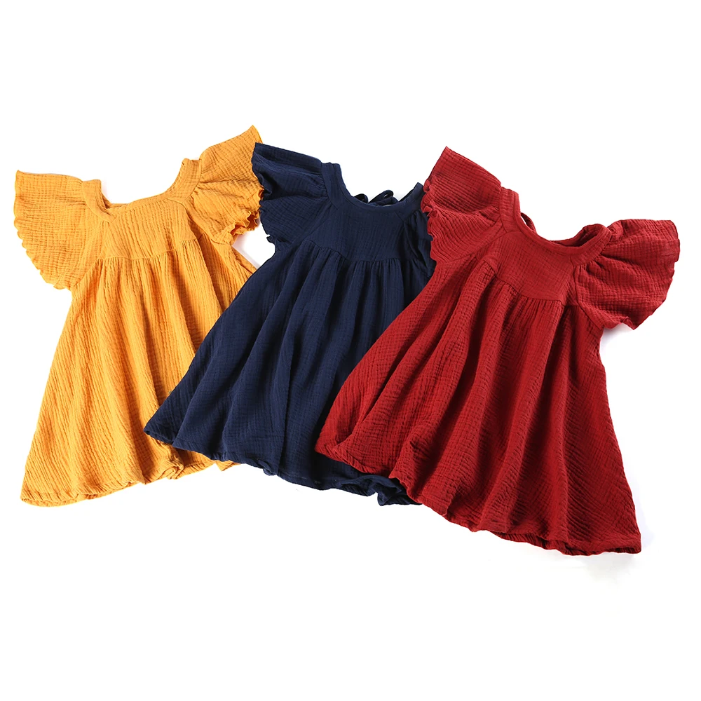 Fashion blank drawstring ruffle muslin fabric sleeveless summer little girls dress