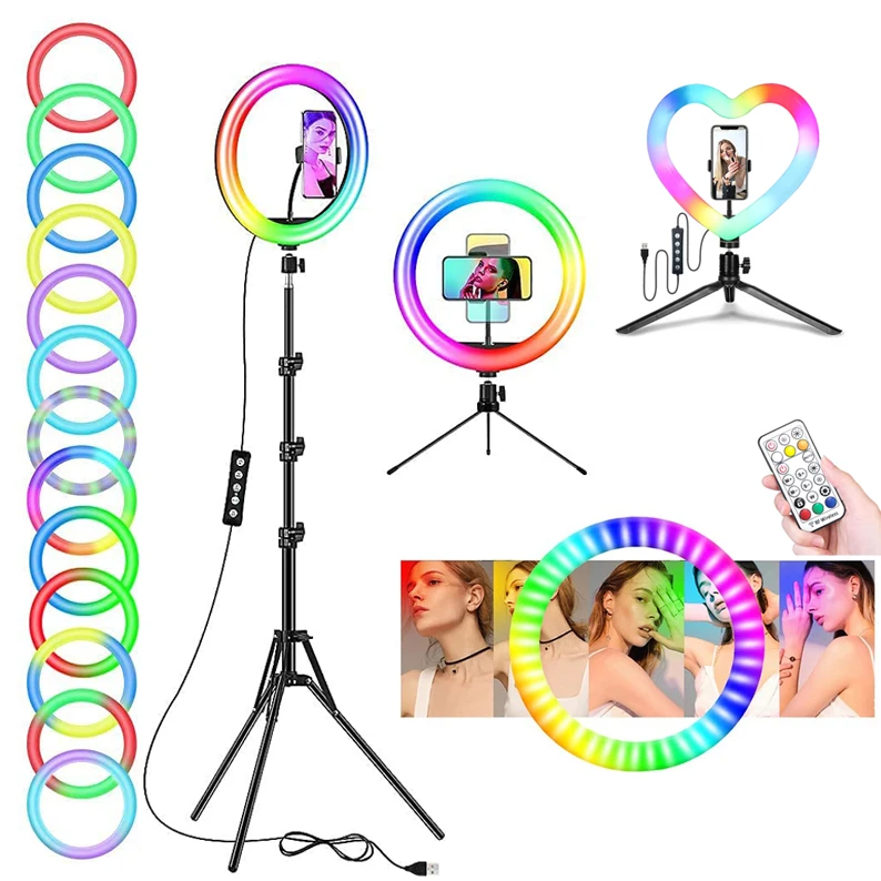 6/8/10/12/13/14/16/18 Inch Photographic Phone Holder RGB Fill Lamp Mobile Live Video LED Selfie Ring Light With Tripod Stand