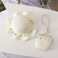 FREE SHIPPING CUSTOM kids baby children toddler sun summer beach girl straw cap hat and bags set with purse bag for kids BABY