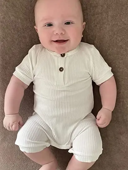 Unisex Natural Soft Ribbed Woven Fabric Snap Newborn Baby Pajama Infant Solid Sleepsuit Romper OEM Short Sleeves Jumpsuit