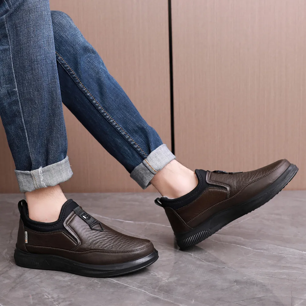 PU sole light weight water proof fur lined Mens winter warm leather boots loafers Shoes moccasins for men