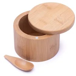 Small Organic Round Bamboo Wood Salt and Spice Pepper Spoon Container Pot Box Jar Wood With Removable Lid Bamboo Wood Salt Box