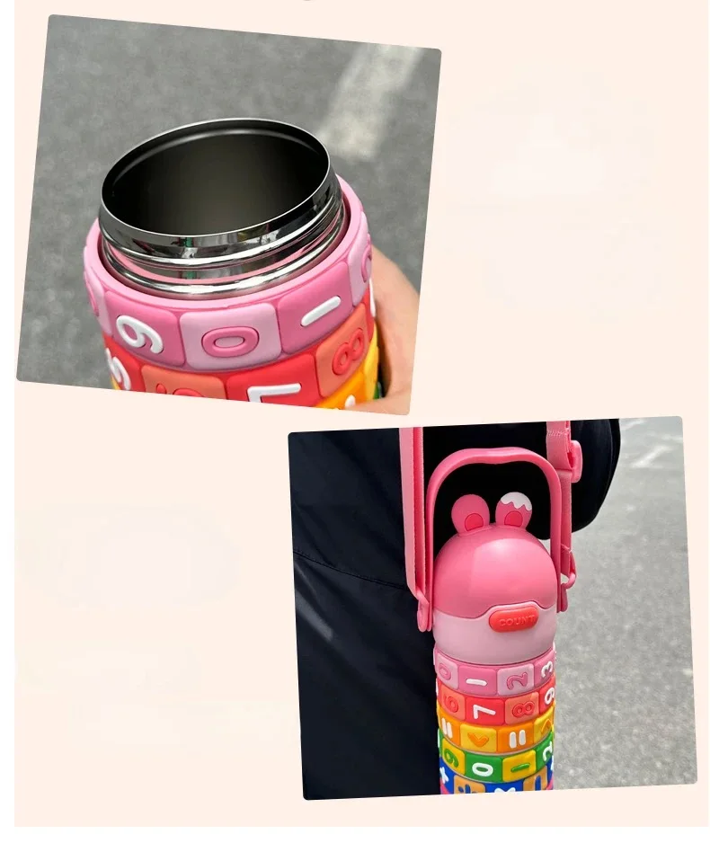 430ml Kids Stainless Steel Straw Thermos Mug With Case Cartoon Leak-Proof Vacuum Flask Children Thermal Water Bottle Thermocup