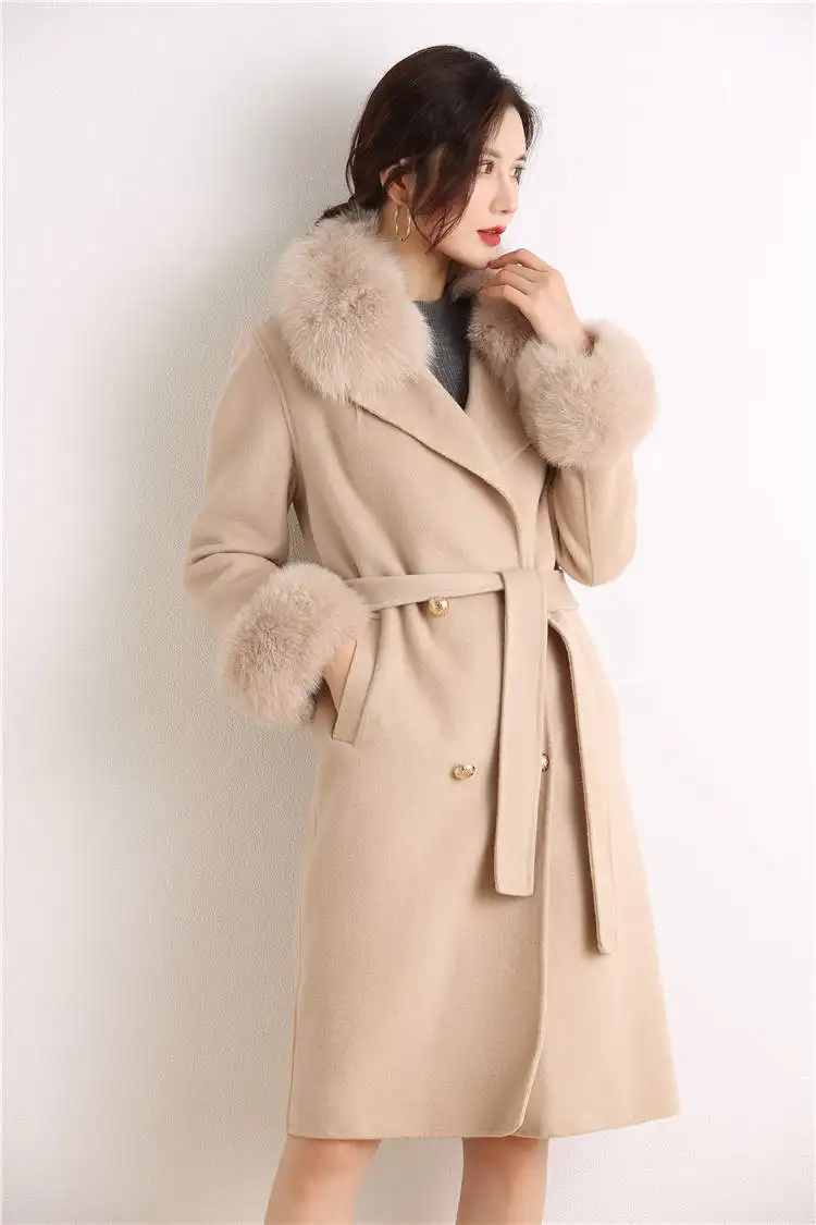 wholesale fashion winter clothes thick wool trench coat double breasted fox fur collar and cuffs womens winter wool coat