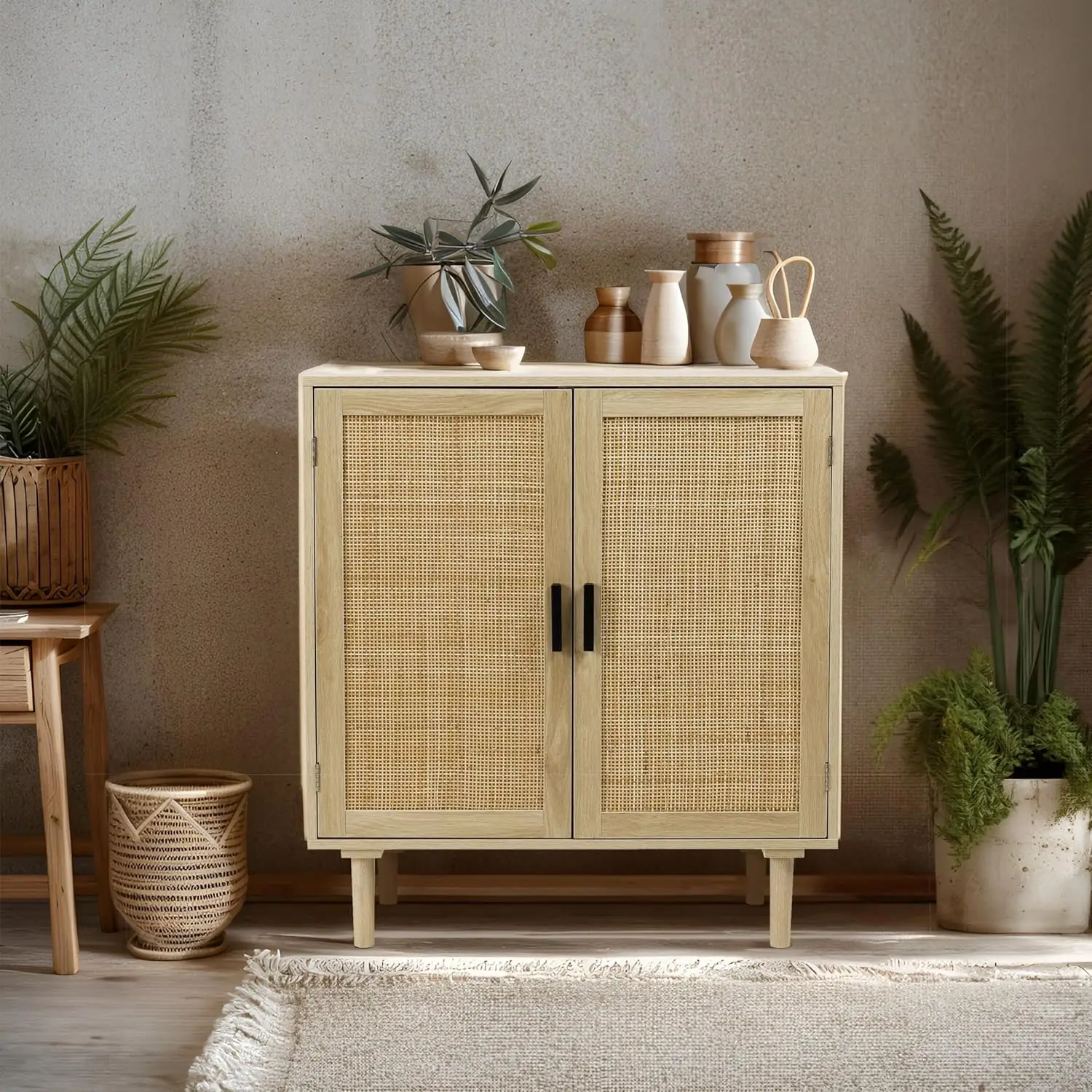 Sideboard Buffet Dining Room Kitchen Storage Cabinet with Rattan Decorated Doors