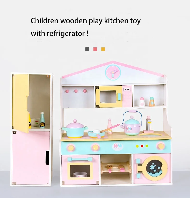 Children wooden play kitchen toy with refrigerator